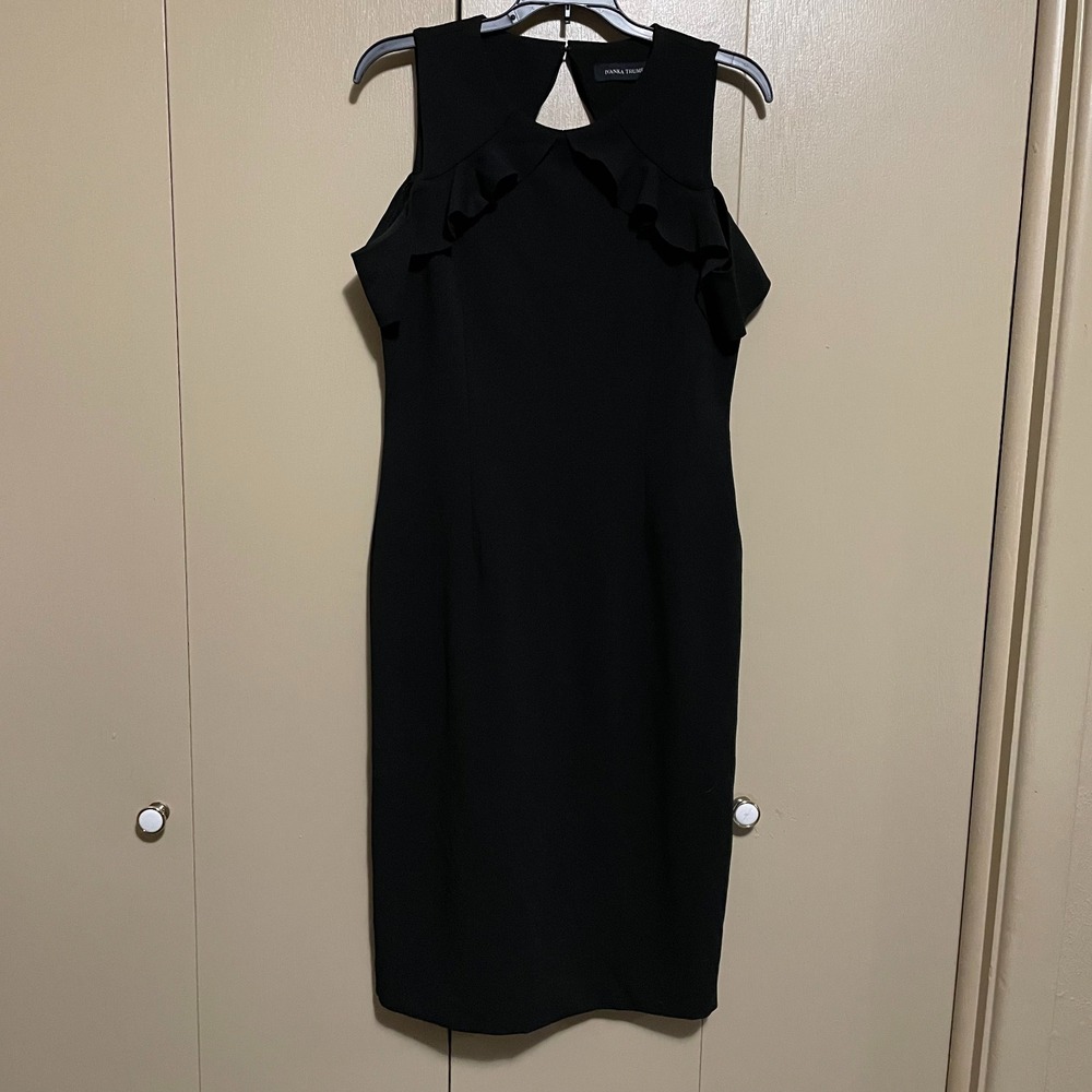 Womens Black Ruffle Neck Open Back Sheath Cocktail Dress Knee Length Sleeveless